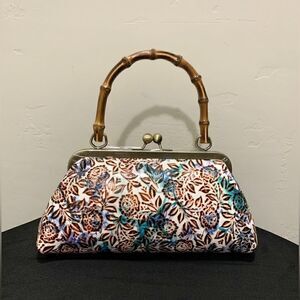 Handmade Genuine Leather Floral Embossed Real bamboo Handle Satchel/Crossbody